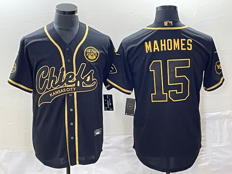 Men’s Kansas City Chiefs #15 Patrick Mahomes Black Gold Super Bowl LVII Cool Base Stitched Baseball Jersey