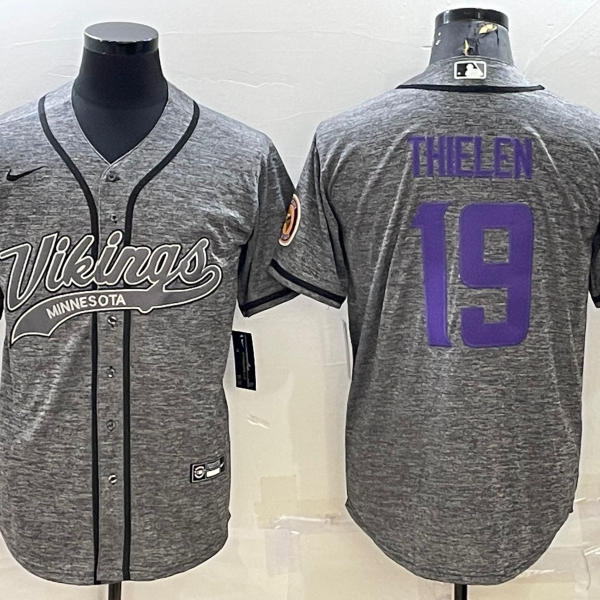 Men’s Minnesota Vikings #19 Adam Thielen Grey Gridiron With Patch Cool Base Stitched Baseball Jersey