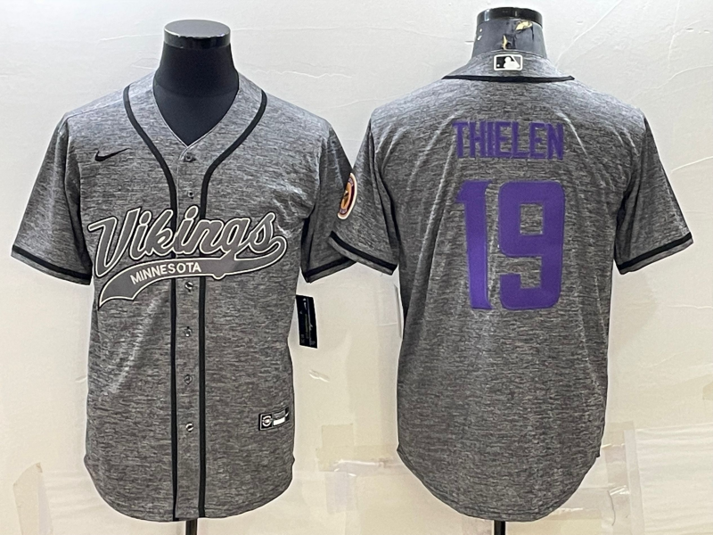 Men’s Minnesota Vikings #19 Adam Thielen Grey Gridiron With Patch Cool Base Stitched Baseball Jersey
