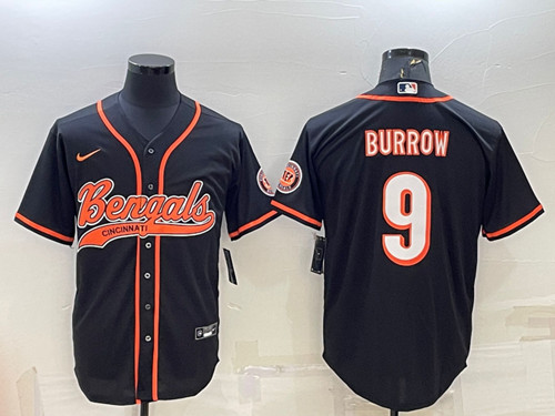 Men’s Cincinnati Bengals #9 Joe Burrow Black With Patch Cool Base Stitched Baseball Jersey