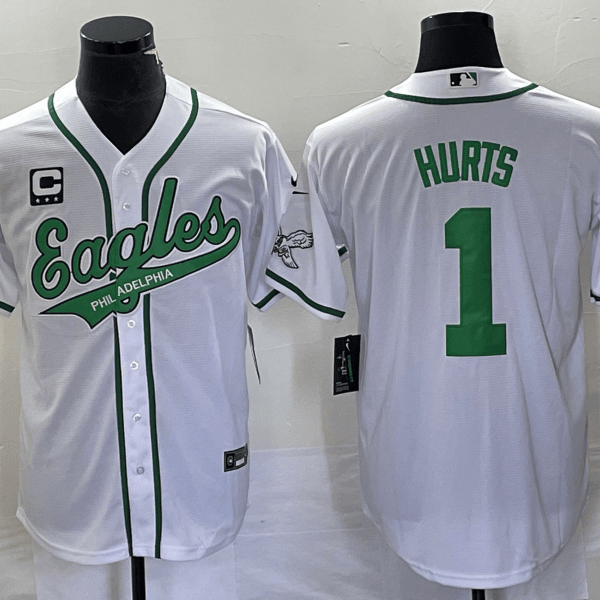 Men’s Philadelphia Eagles #1 Jalen Hurts White C Patch Cool Base Stitched Baseball Jersey