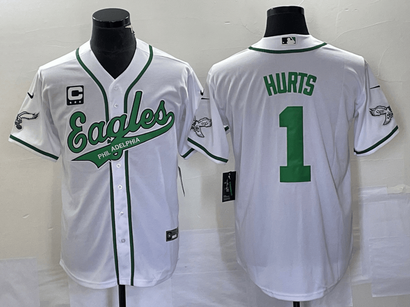 Men’s Philadelphia Eagles #1 Jalen Hurts White C Patch Cool Base Stitched Baseball Jersey