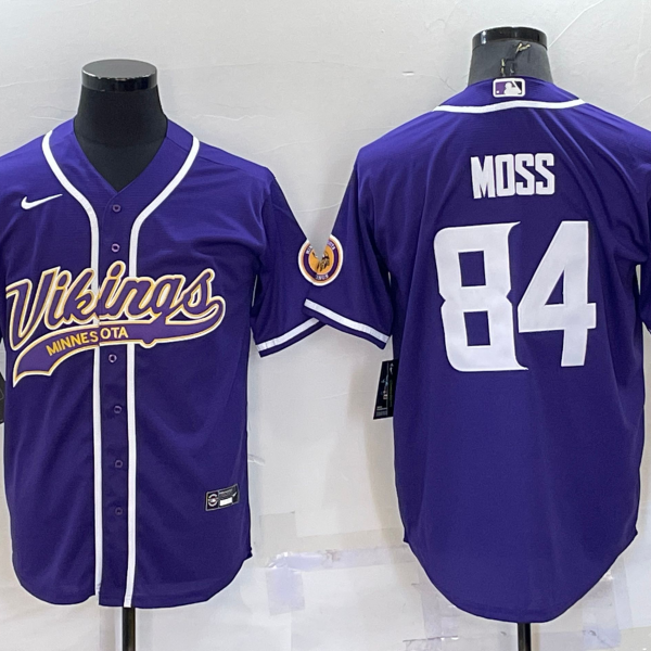 Men’s Minnesota Vikings #84 Randy Moss Purple With Patch Cool Base Stitched Baseball Jersey