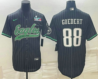 Men’s Philadelphia Eagles #88 Dallas Goedert Black Pinstripe With Super Bowl LVII Patch Cool Base Stitched Baseball Jersey