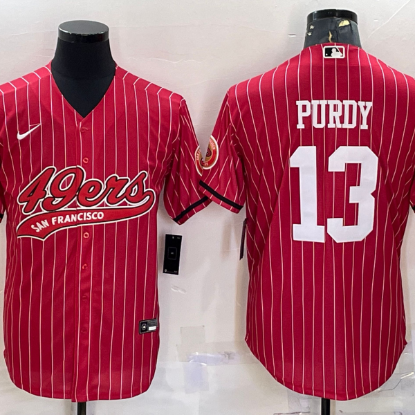 Men’s San Francisco 49ers #13 Brock Purdy Red Pinstripe With Patch Cool Base Stitched Baseball Jersey