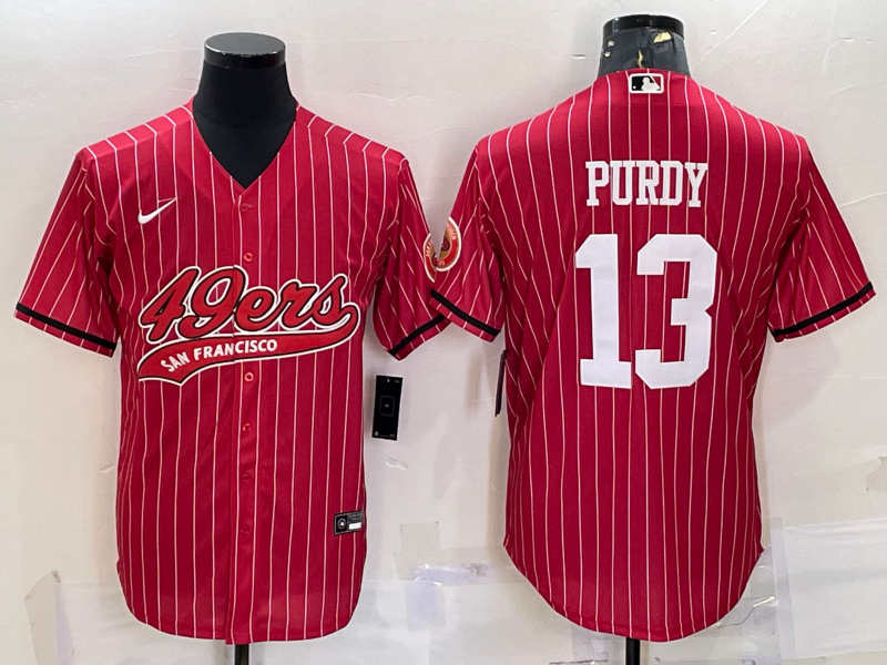 Men’s San Francisco 49ers #13 Brock Purdy Red Pinstripe With Patch Cool Base Stitched Baseball Jersey