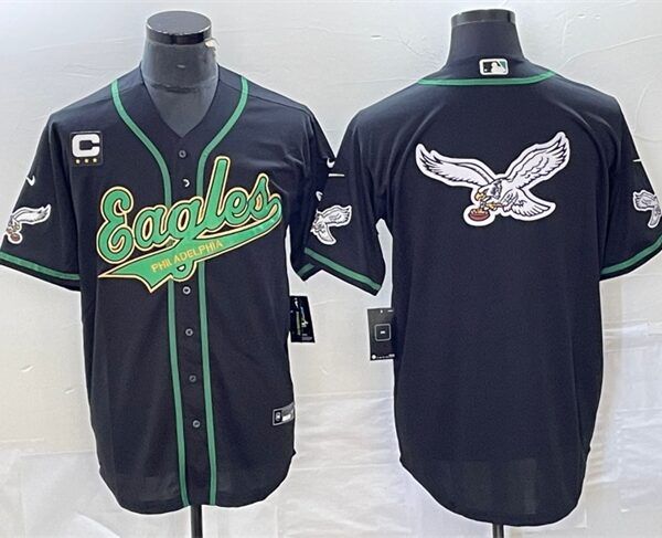 Men’s Philadelphia Eagles Black Team Big Logo With C Patch Cool Base Stitched Baseball Jersey