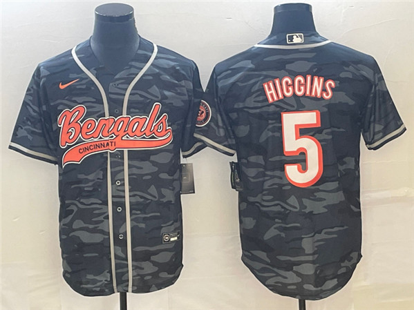 Men’s Cincinnati Bengals #5 Tee Higgins Gray Camo With Patch Cool Base Stitched Baseball Jersey