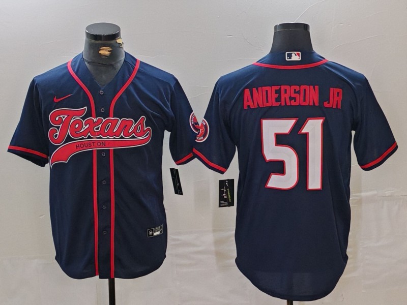 Men’s Houston Texans #51 Will Anderson Jr Navy With Patch Cool Base Stitched Baseball Jersey