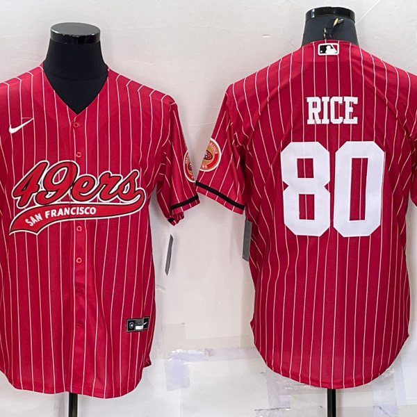 Men’s San Francisco 49ers #80 Jerry Rice Red Pinstripe With Patch Cool Base Stitched Baseball Jersey