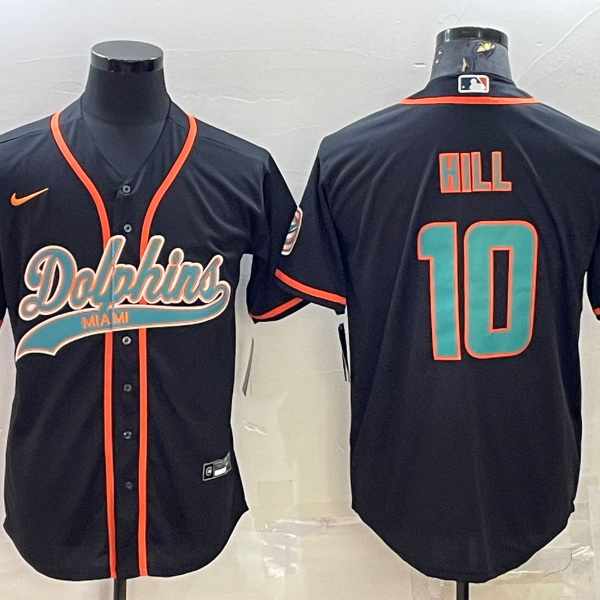 Men’s Miami Dolphins #10 Tyreek Hill Black With Patch Cool Base Stitched Baseball Jersey