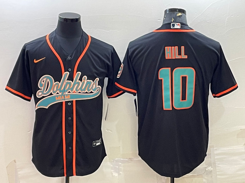 Men’s Miami Dolphins #10 Tyreek Hill Black With Patch Cool Base Stitched Baseball Jersey