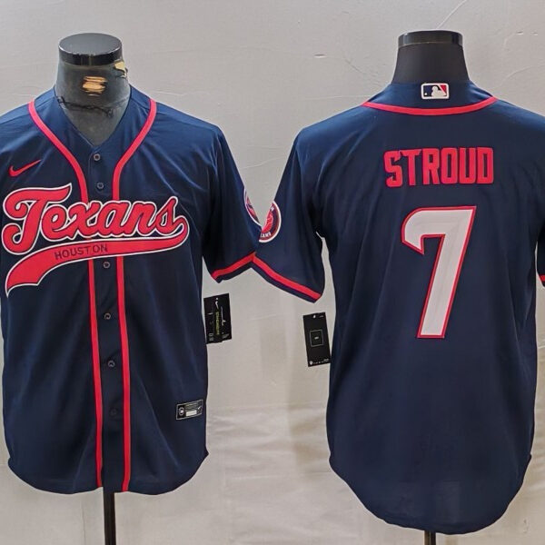 Men’s Houston Texans #7 CJ Stroud Navy With Patch Cool Base Stitched Baseball Jersey