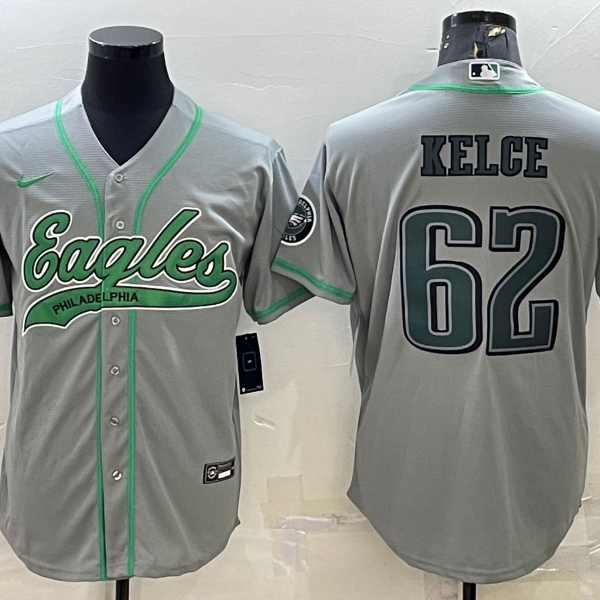 Men’s Philadelphia Eagles #62 Jason Kelce Grey With Patch Cool Base Stitched Baseball Jersey
