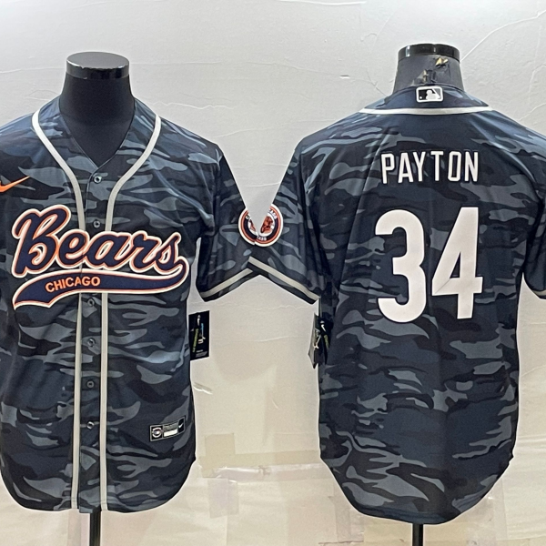 Men’s Chicago Bears Blank #34 Walter Payton Grey Camo With Patch Cool Base Stitched Baseball Jersey