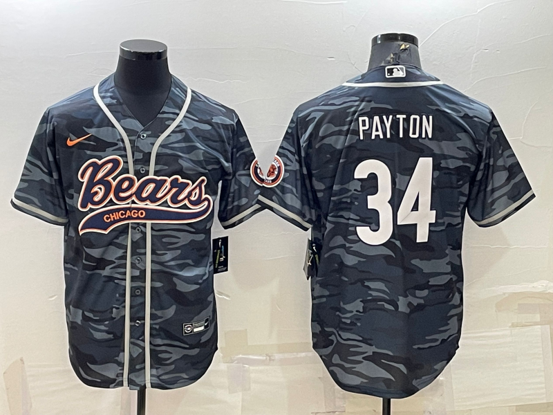 Men’s Chicago Bears Blank #34 Walter Payton Grey Camo With Patch Cool Base Stitched Baseball Jersey