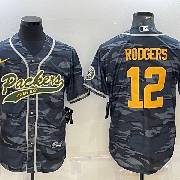 Men’s Green Bay Packers #12 Aaron Rodgers Grey Gold Camo With Patch Cool Base Stitched Baseball Jersey
