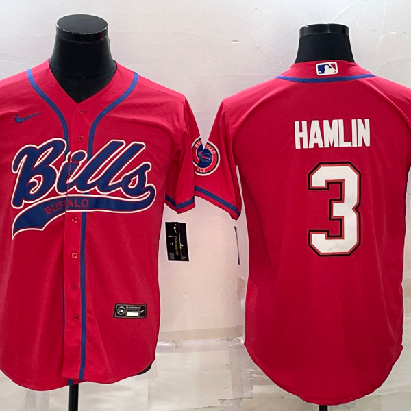 Men’s Buffalo Bills #3 Damar Hamlin Red With Patch Cool Base Stitched Baseball Jersey