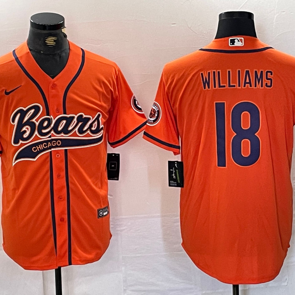 Men’s Chicago Bears #18 Caleb Williams Orange With Patch Cool Base Stitched Baseball Jersey
