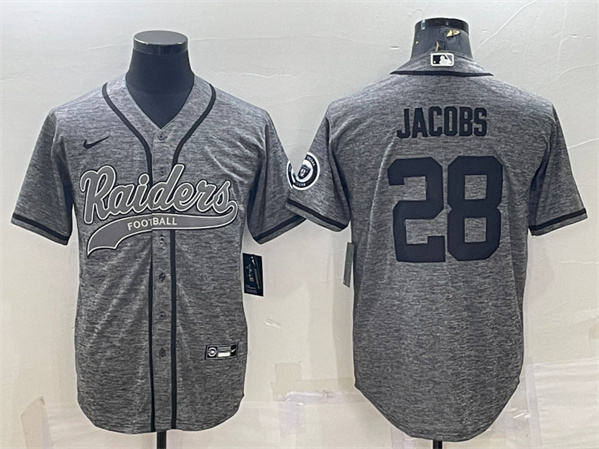 Men’s Las Vegas Raiders #28 Josh Jacobs Gray With Patch Cool Base Stitched Baseball Jersey