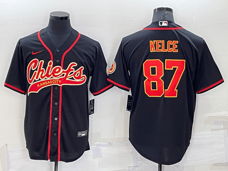 Men’s Kansas City Chiefs #87 Travis Kelce Black Stitched Cool Base Nike Baseball Jersey