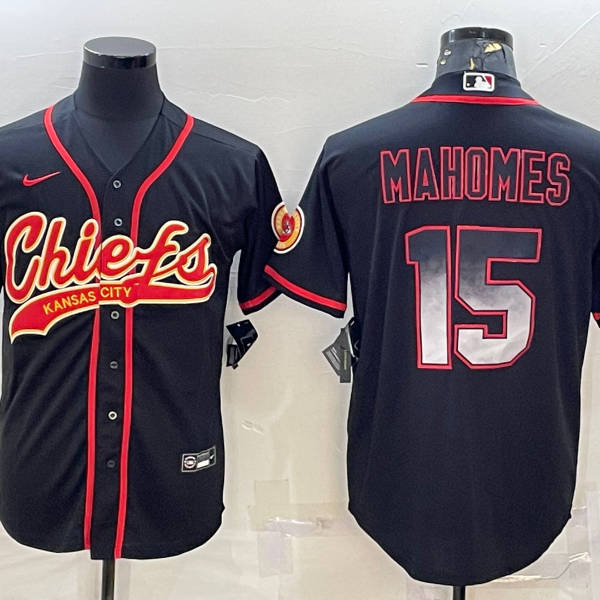 Men’s Kansas City Chiefs #15 Patrick Mahomes Black Gold With Patch Smoke Cool Base Stitched Baseball Jersey