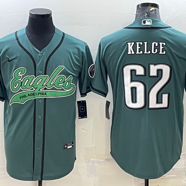 Men’s Philadelphia Eagles #62 Jason Kelce Green With Patch Cool Base Stitched Baseball Jersey