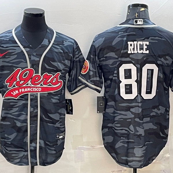 Men’s San Francisco 49ers #80 Jerry Rice Grey Camo With Patch Cool Base Stitched Baseball Jersey
