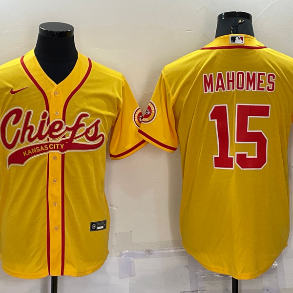Men’s Kansas City Chiefs #15 Patrick Mahomes Gold With Patch Cool Base Stitched Baseball Jersey