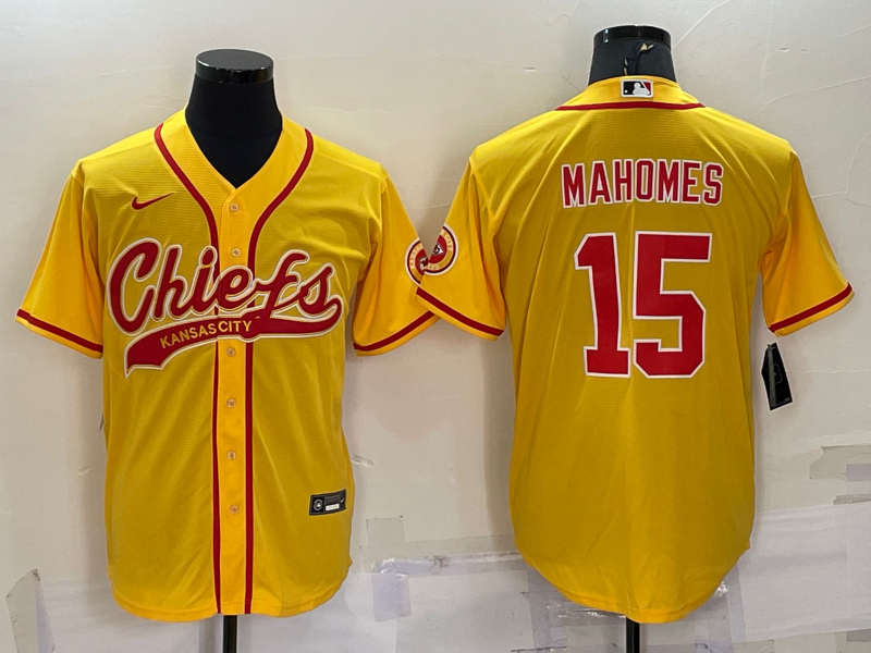 Men’s Kansas City Chiefs #15 Patrick Mahomes Gold With Patch Cool Base Stitched Baseball Jersey