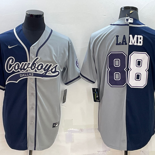 Men’s Dallas Cowboys #88 CeeDee Lamb Navy Blue Grey Two Tone With Patch Cool Base Stitched Baseball Jersey