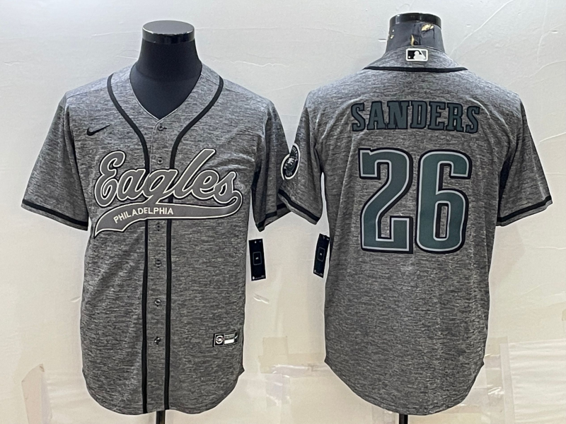 Men’s Philadelphia Eagles #26 Miles Sanders Grey Gridiron With Patch Cool Base Stitched Baseball Jersey