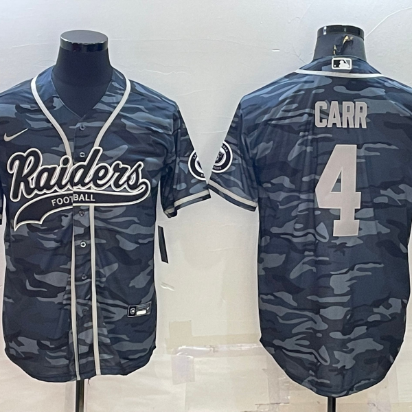 Men’s Las Vegas Raiders #4 Derek Carr Grey Camo With Patch Cool Base Stitched Baseball Jersey
