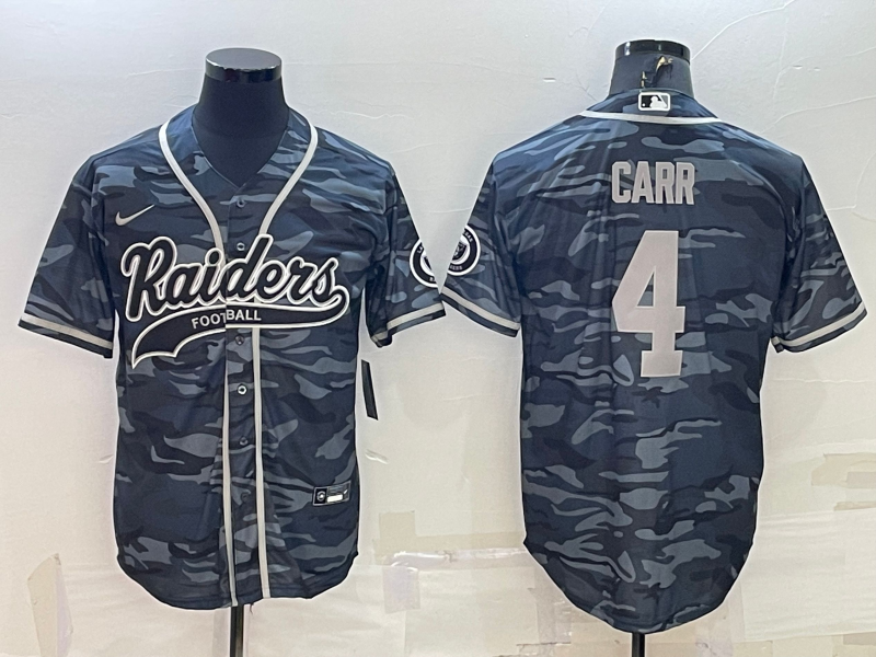 Men’s Las Vegas Raiders #4 Derek Carr Grey Camo With Patch Cool Base Stitched Baseball Jersey