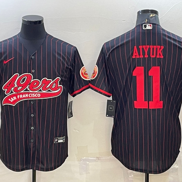Men’s San Francisco 49ers #11 Brandon Aiyuk Black Pinstripe With Patch Cool Base Stitched Baseball Jersey