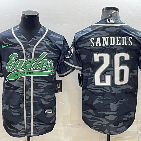 Men’s Philadelphia Eagles #26 Miles Sanders Grey Camo With Patch Cool Base Stitched Baseball Jersey