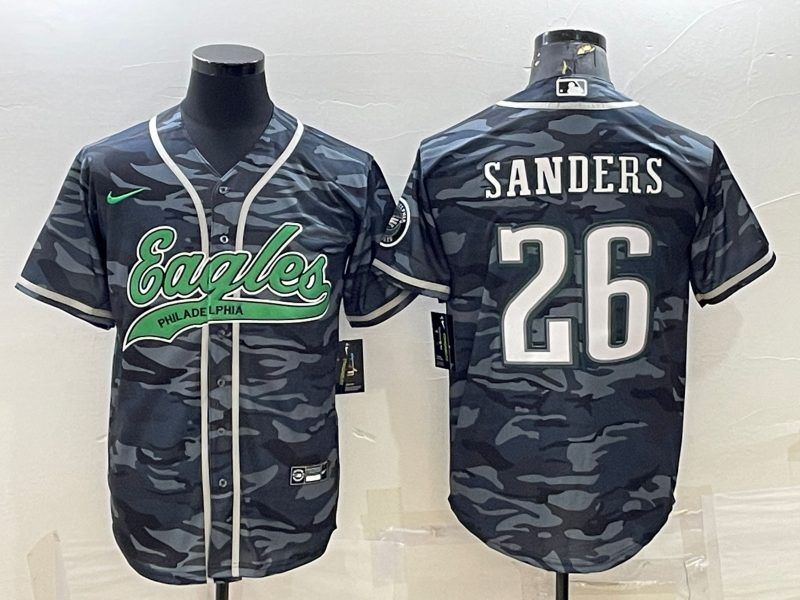 Men’s Philadelphia Eagles #26 Miles Sanders Grey Camo With Patch Cool Base Stitched Baseball Jersey