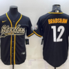 Men’s Pittsburgh Steelers #12 Terry Bradshaw Black With Patch Cool Base Stitched Baseball Jersey