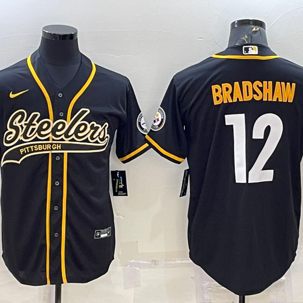 Men’s Pittsburgh Steelers #12 Terry Bradshaw Black With Patch Cool Base Stitched Baseball Jersey