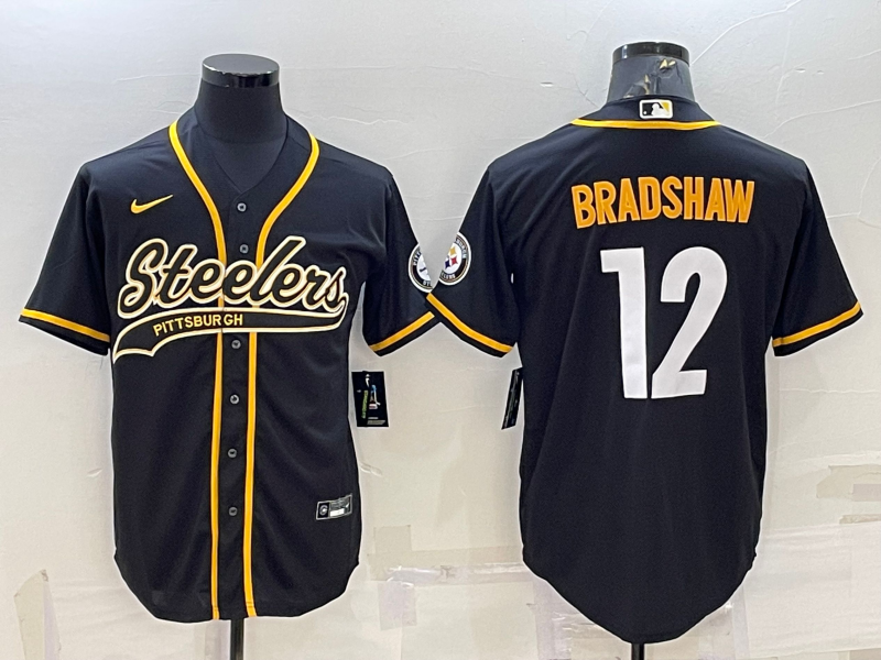 Men’s Pittsburgh Steelers #12 Terry Bradshaw Black With Patch Cool Base Stitched Baseball Jersey