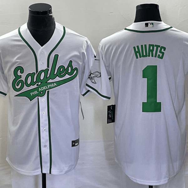 Men’s Philadelphia Eagles #1 Jalen Hurts White Cool Base Stitched Baseball Jersey1