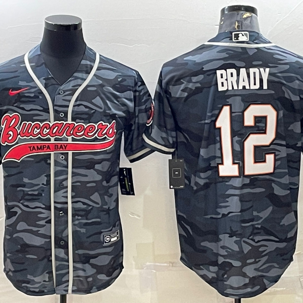 Men’s Tampa Bay Buccaneers #12 Tom Brady Grey Camo With Patch Cool Base Stitched Baseball Jersey