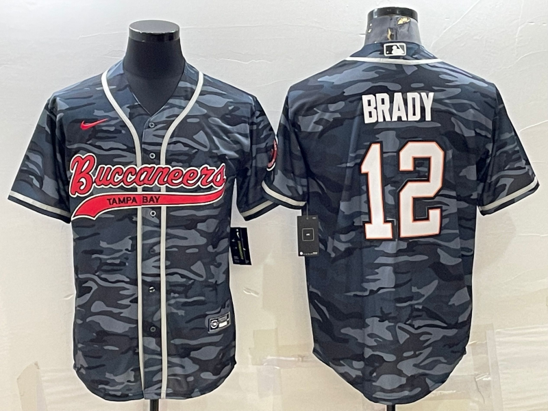 Men’s Tampa Bay Buccaneers #12 Tom Brady Grey Camo With Patch Cool Base Stitched Baseball Jersey