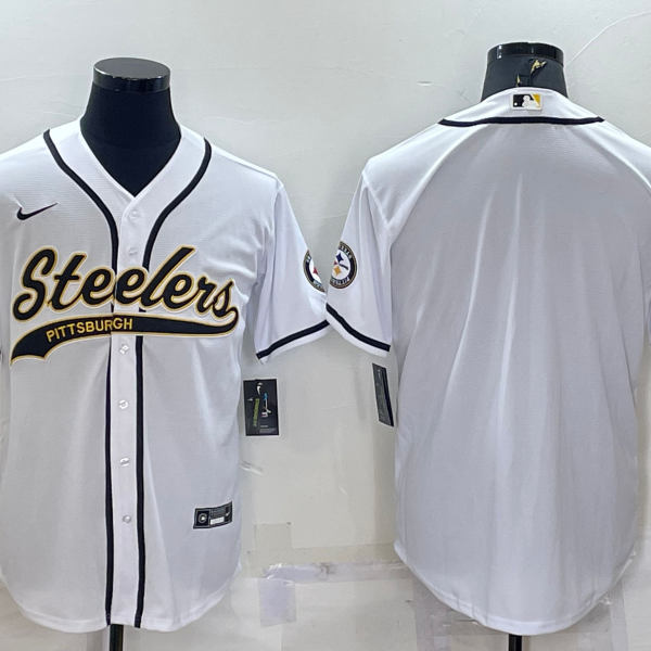 Men’s Pittsburgh Steelers White Team Big Logo With Patch Cool Base Stitched Baseball Jersey