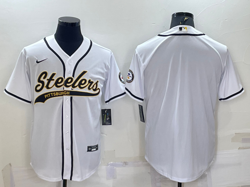 Men’s Pittsburgh Steelers White Team Big Logo With Patch Cool Base Stitched Baseball Jersey