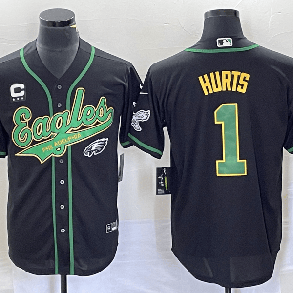 Men’s Philadelphia Eagles #1 Jalen Hurts Black With C Patch Cool Base Stitched Baseball Jersey