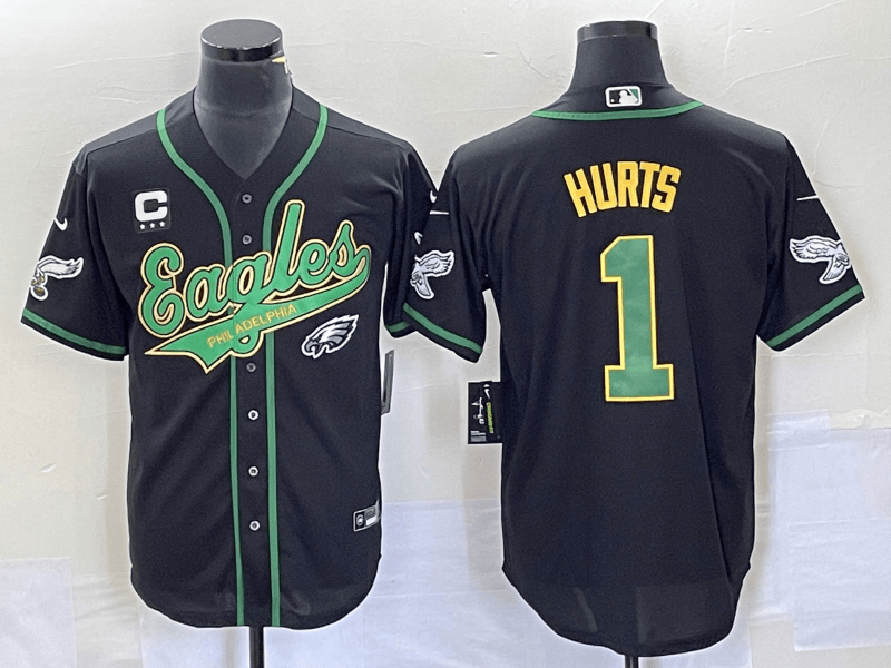 Men’s Philadelphia Eagles #1 Jalen Hurts Black With C Patch Cool Base Stitched Baseball Jersey