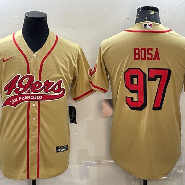 Men’s San Francisco 49ers #97 Nick Bosa Gold Color Rush With Patch Cool Base Stitched Baseball Jersey
