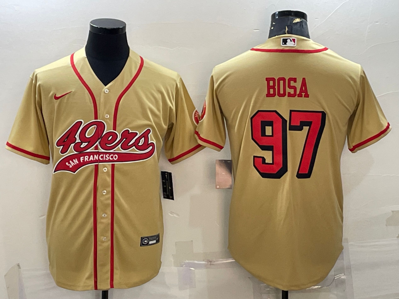 Men’s San Francisco 49ers #97 Nick Bosa Gold Color Rush With Patch Cool Base Stitched Baseball Jersey