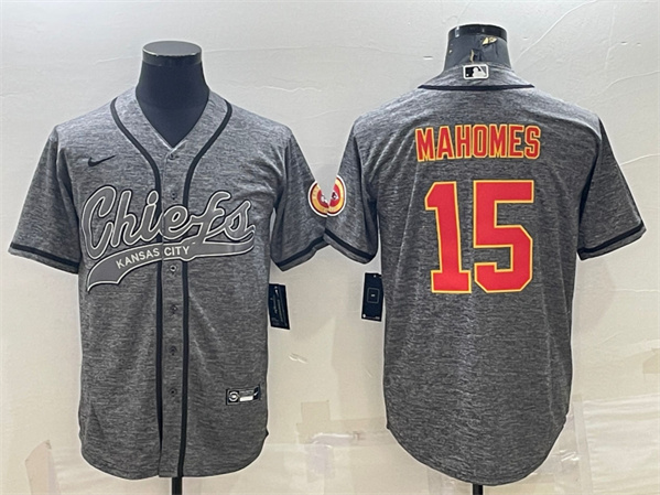 Men’s Kansas City Chiefs #15 Patrick Mahomes Gray With Patch Cool Base Stitched Baseball Jersey